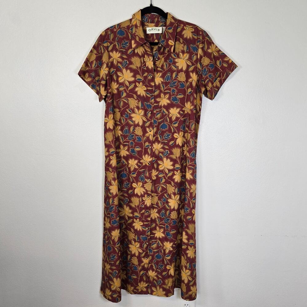 Orvis Linen Shirt Dress Womens 14 Rust Multi Coastal Classic Summer Country Club